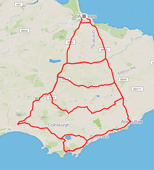 Strava route map in the shape of a Christmas tree in Fife starting from St Andrews