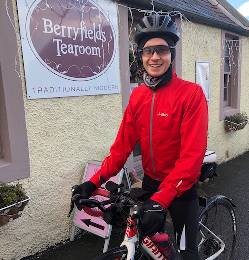 Richard Sanderson outside Berryfields Tearoom half way round a 100 mile cycle towards the 2017 Rapha Festive 500