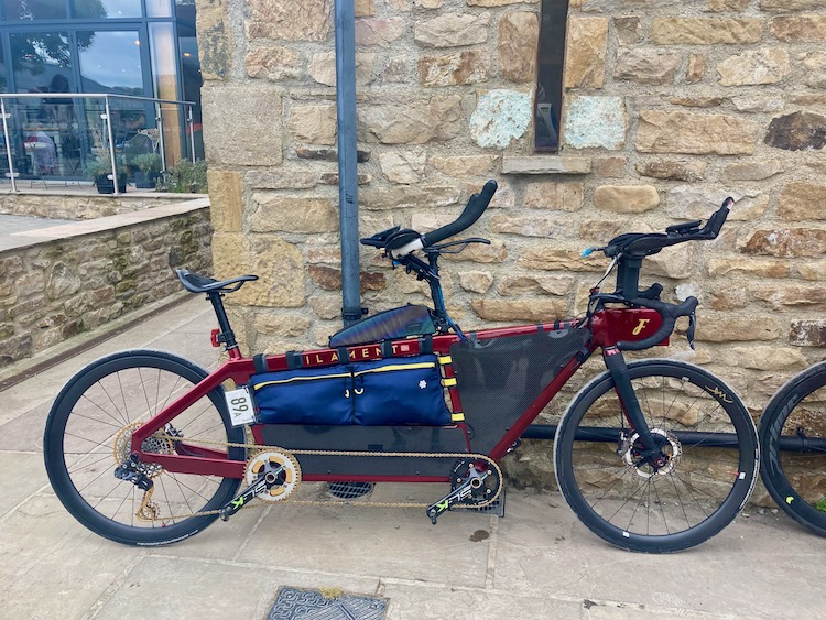 The tandem rocketship of Ian To and Ingeborg Oie at the Dales Bike Centre during All Points North 2023