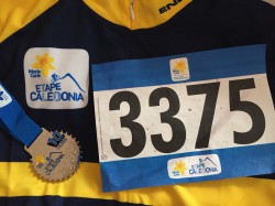 Etape Caledonia montage of cycling jersey, competitor number and finishers medal