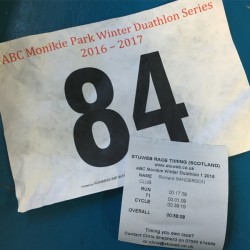 Race number and timing slip for the December 2016 Monikie Duathlon