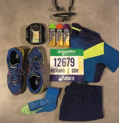 Running kit laid out for the 2018 Paris Marathon