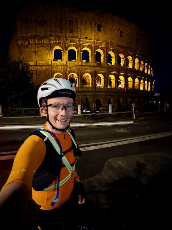 Richard Sanderson in front of the Colosseum in the dark at the start of day 3 of Florence Rome Florence 2026