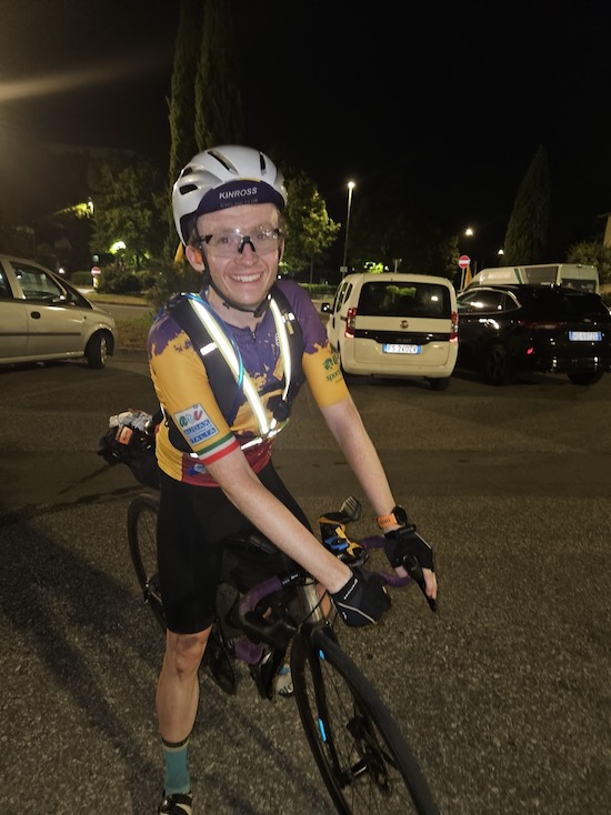 Richard Sanderson rolling into the finish of Florence Rome Florence 2026 at Scandicci
